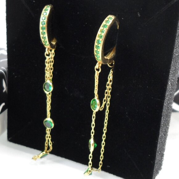 GABI RIELLE 14K Gold-Plated Sterling Emerald Crystal Dangle Pave Huggie Earrings - Picture 13 of 13